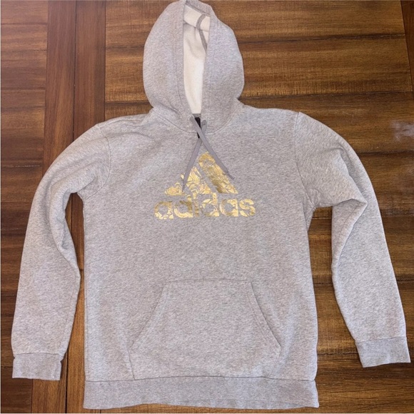 Adidas Pullover Hoodie Men Sz M Gray Sweatshirt Gold Liquid Foil - Picture 2 of 11